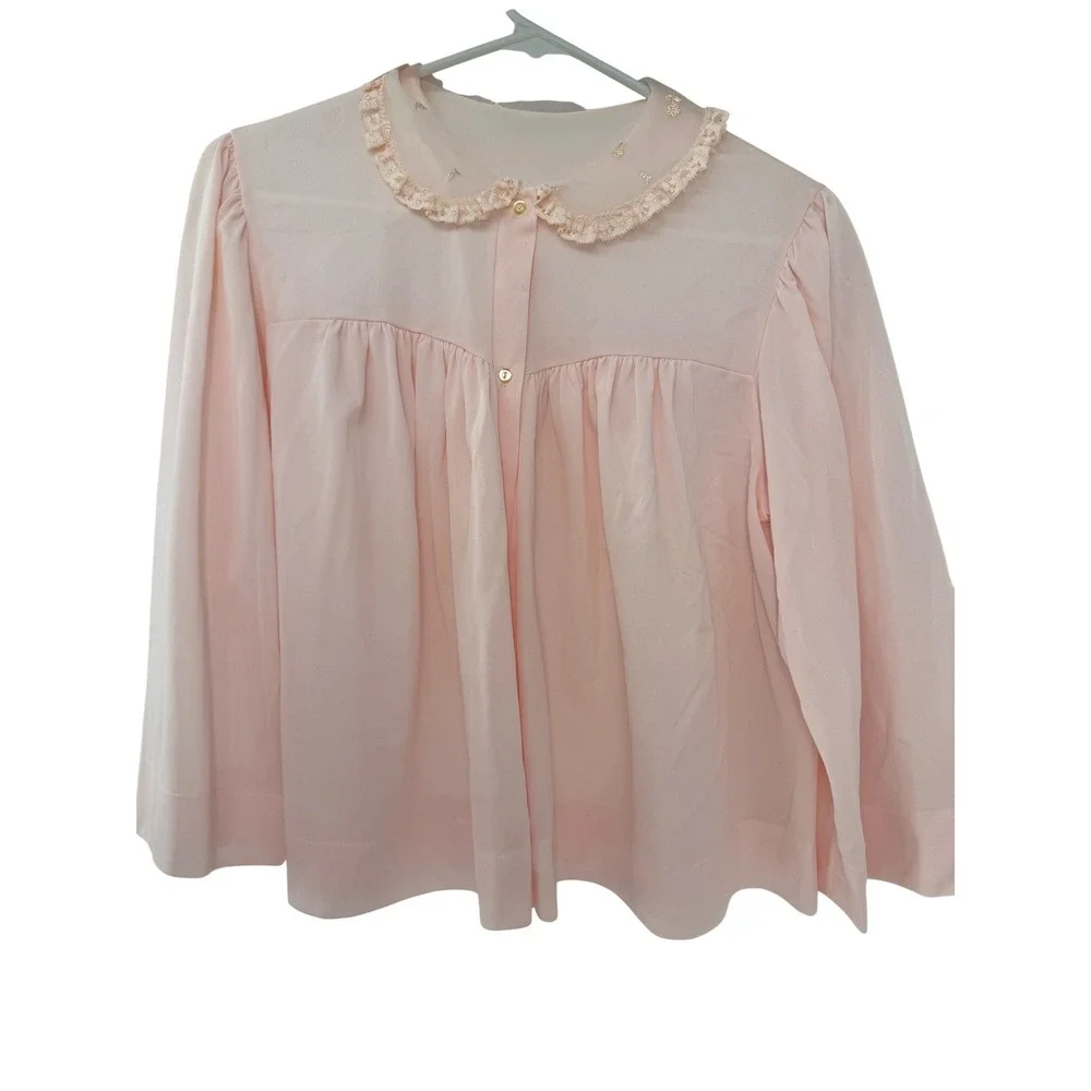 Vintage Sans Souci M Pink Bed Jacket‎ Lace Embroidered Peter Pan Collar Coquette